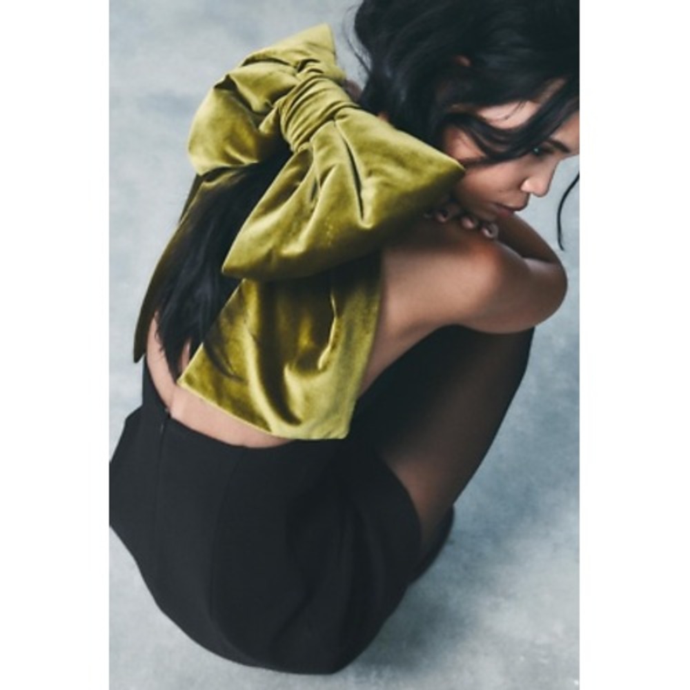 Zara Black Halter Mini Dress Oversized Olive Green Velvet Back Bow Holiday S